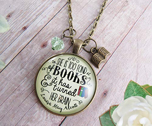 Gutsy Goodness 24" Book Necklace She Is Too Fond Literary Quote Louisa May Alcott Pendant Jewelry Green Charm