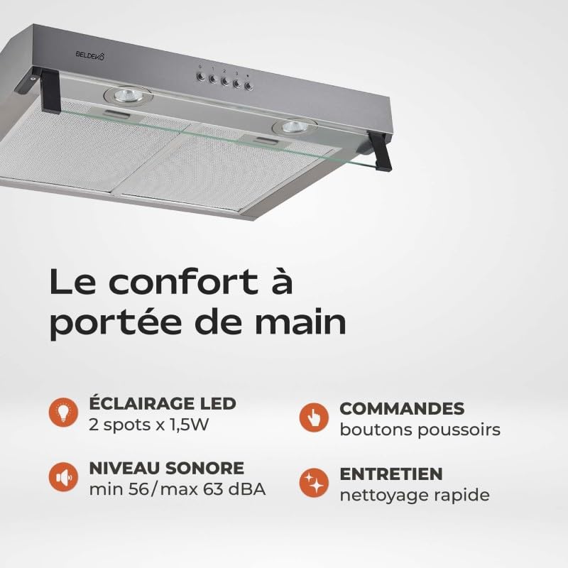 Cappa cappa da 60 cm, in acciaio inox – Performance A+ design extra-piatto BelDeko Eco