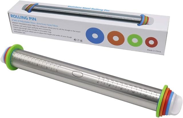 Rolling Pin, Dough Roller/Adjustable Rolling Pin/Stainless Steel Rolling Pins with 4 Removable Adjustable Thickness Rings for Baking Pizza, Fondant, Pie Crust, Pastries, Pasta and Cookies