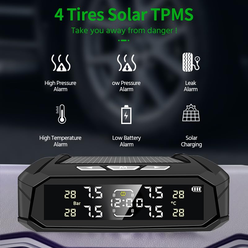 Tpms Sensore for auto 8 Bar Sistema intelligente for autocarro con orologio elettronico for auto Sistema intelligente automatico Display a energia solare Pressione Pneumatici(K10-External Sensors)