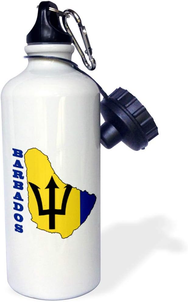 3dRose "Flag in map of Barbados. Outline map and name of country Barbados containing flag image." Sports Water Bottle, 21 oz, White