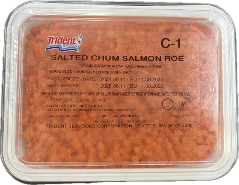 C-1 Salted Chum Salmon Roe, Net Caught Alaskan Salmon Red Caviar, Trident Seafoods, Kosher & Halal Salmon Ikura (Oncorhynchus Keta), 1kg/2.2lb