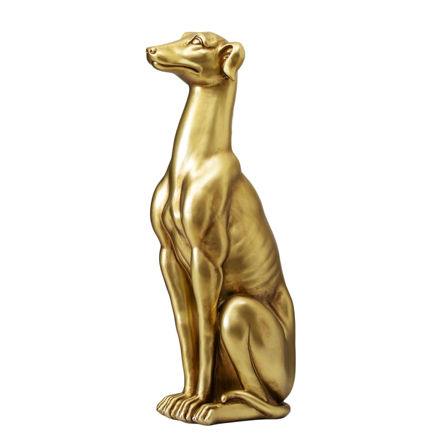 Darthome Golden Sitting Greyhound Dog Ornament, Metallic Gold Finish, Resin, Whippet Animal Statue, 10x12x33cm, Freestanding Indoor Sculpture