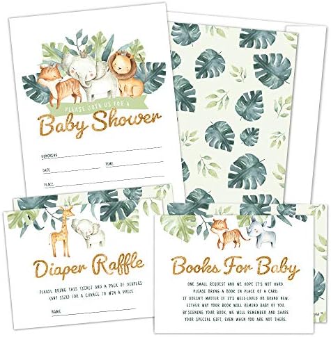Set of 25 Safari Baby Shower Invitations, Diaper Raffle Tickets, Baby Shower Book Request Cards with Envelopes | Greenery Jungle Animal Invites for Gender Reveal Party, Boys and Girls (25)