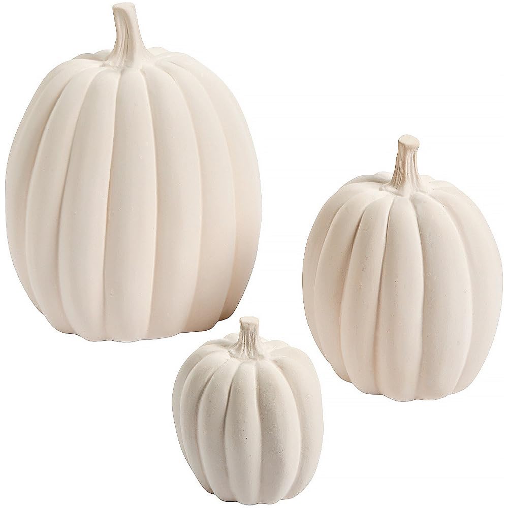 Three unpainted ceramic pumpkins in graduated sizes