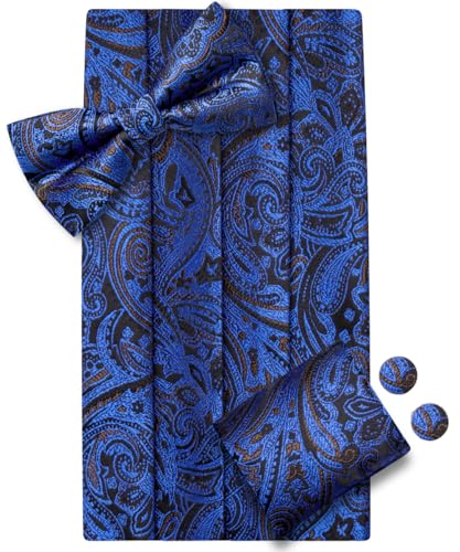 Image of Dubulle Mens Cummerbund and Bow Tie Set Paisley Floral Pretied Bowties for Men Pocket Square Cufflinks Wedding Business