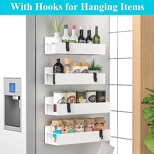 Image of HuggieGems Metal Magnetic Spice Rack for Refrigerator with Hooks White | Magnetic Shelves Heavy Duty for Fridge in Kitchen, Seasoning Storage Organizer, For Oven Washer and Dryer, For Heavier Items