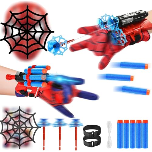NHYDZSZ 2 Jogos de luvas de lançador, lançar teias de aranha Spiderm, luvas Spiderm lançar teias de aranha, brinquedos Spiderm crianças com máscara e dardos luvas, para crianças brinquedos educativos