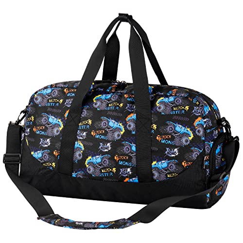 Image of Choco Mocha Kids Duffle Bag, Boys Overnight Travel Bags for Weekender Kid with Shoes Compartment, Large Sleepover Bag for Gym, Monster Truck -Black, 20.08x9.06x10.63 inches, Duffle Only