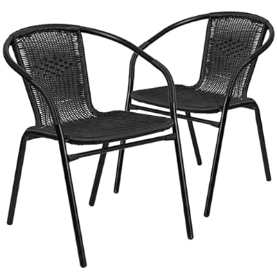EMMA + OLIVER 2 Pack Black Rattan Indoor-Outdoor Restaurant Stack Chair with Curved Back