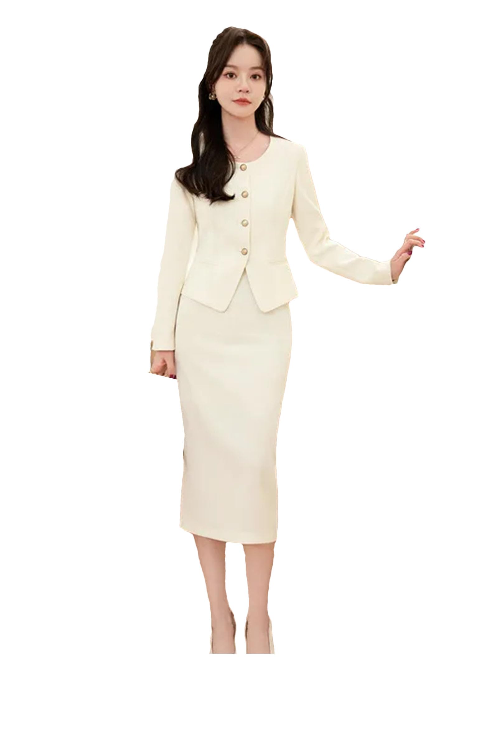 Women Vintage Tweed O-Neck 2-Piece Outfits Single Breasted Jacket Coat and Long Skirt Sets