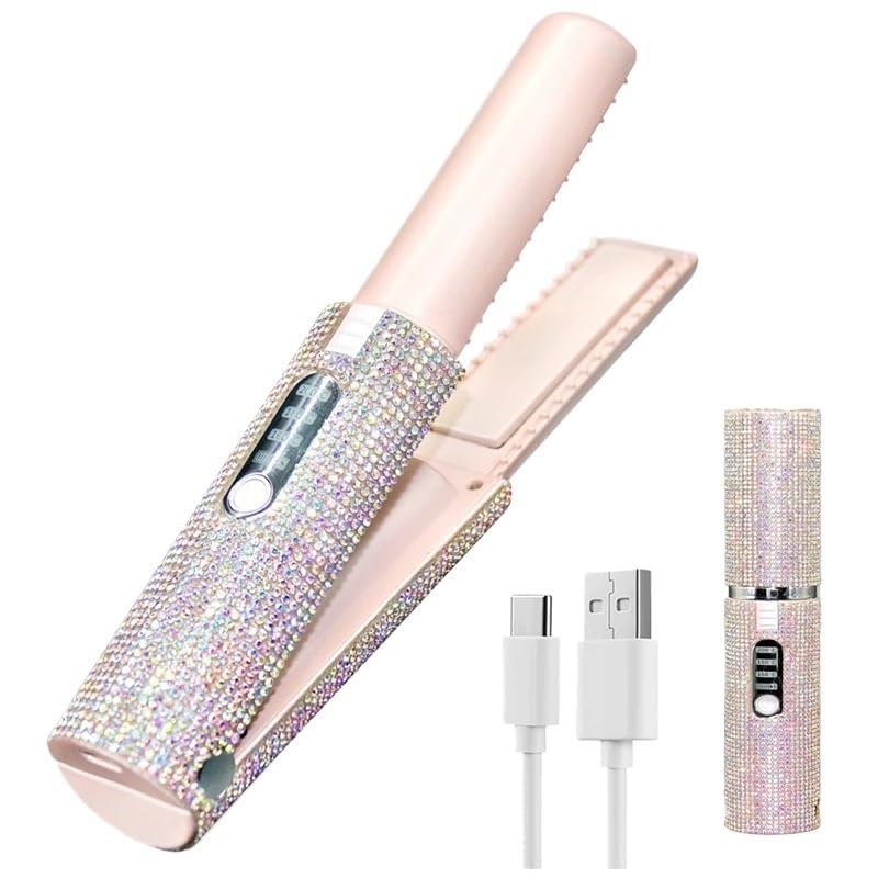 Alisador inalámbrico 2 en 1 con diamantes de imitación eléctrico USB mini cepillo alisador de pelo, calor rápido, antiquemaduras, alisador de pelo para mujeres