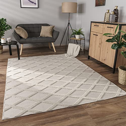 Paco Home Teppich Wohnzimmer Schlafzimmer Kurzflor Modernes Skandinavisches Muster Rauten Motiv Flauschig 3D Grau Anthrazit, Grösse:160x220 cm, Farbe:Creme