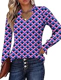 Kistore Blouses for Women Business Casual Long Sleeve Tunics Fall Loose Fit Work Tops Office Shirt Geometric Printed XL