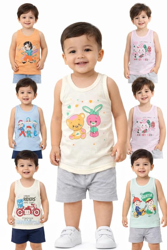 gsxmol Coloured Junior Regular Fit Cotton Printed Sleevless Baniyan/Vest/Sando Innerwear for Kids/Boys Pack of 6-picture-37