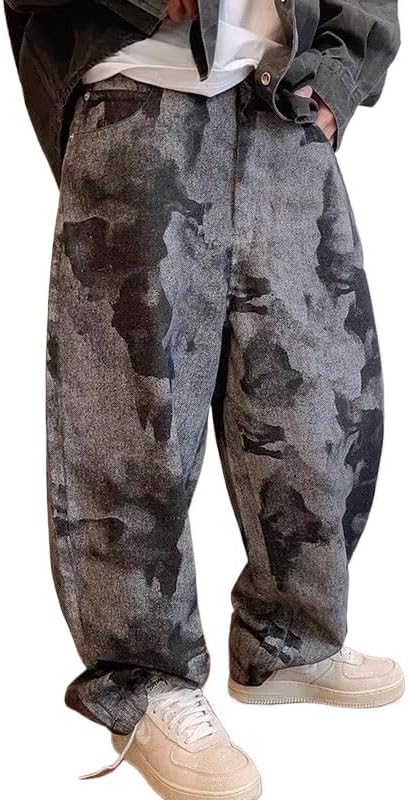 Unisex Y2K Streetwear Black tie dye Printed Pants, Hip-hop Loose Retro Curved Knife Full Print Jeans for Men