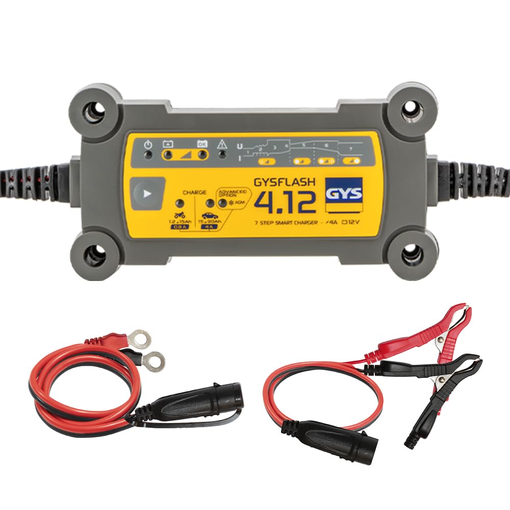 GYS, GYSFLASH 4.12, Chargeur de Batterie Intelligent Plomb (VRLA, AGM, SLA, Gel, Liquide, EFB), 0,8A/4A, Véhicules 12V (Moto, Voiture), Maintien de Charge Sécurisé, Désulfatation, IP65