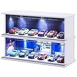 Tujoe 2 Pcs Display Case for Toy Car Garage with LED Light Stackable 1/64 Scale Diecast Toy Cars Garage for Maximum 58 Model Car Display and Storage(Depot)