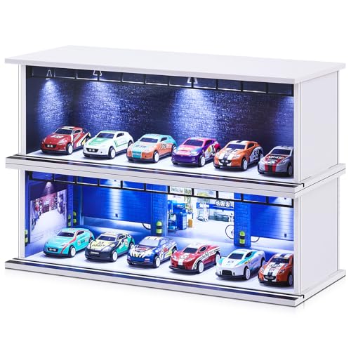 Tujoe 2 Pcs Display Case for Toy Car Garage with LED Light Stackable 1/64 Scale Diecast Toy Cars Garage for Maximum 58 Model Car Display and Storage(Depot)
