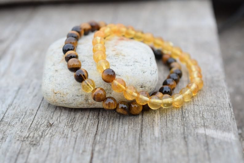 Bracelets perles œil de tigre 8mm et citrine de haute qualité - 2