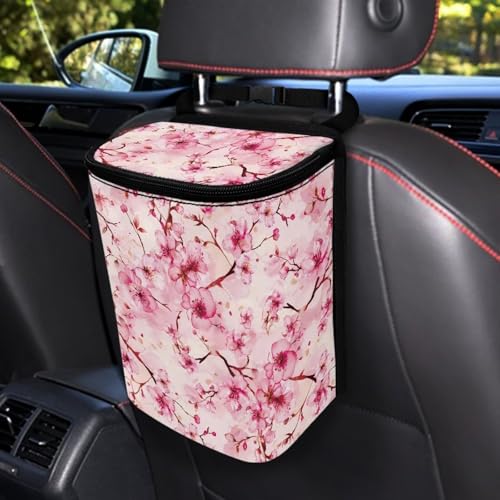Image of KEIAHUAN Pink Cherry Blossom Car Trash Can Bin for Back Seat with Lid Cute Trash Bag Hanging Removable Storage Bag Large Capacity Car Interior Accessories