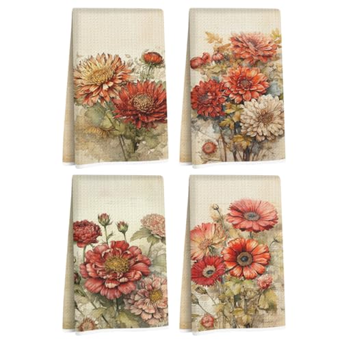 Image of 4Pcs Vintage Red Floral Kitchen Towels, Artistic Flower Decorative Absorbent Microfiber Dish Cloth Tea Towel, Durable Hand Towels for Farmhouse Home Bathroom, Housewarming Gifts