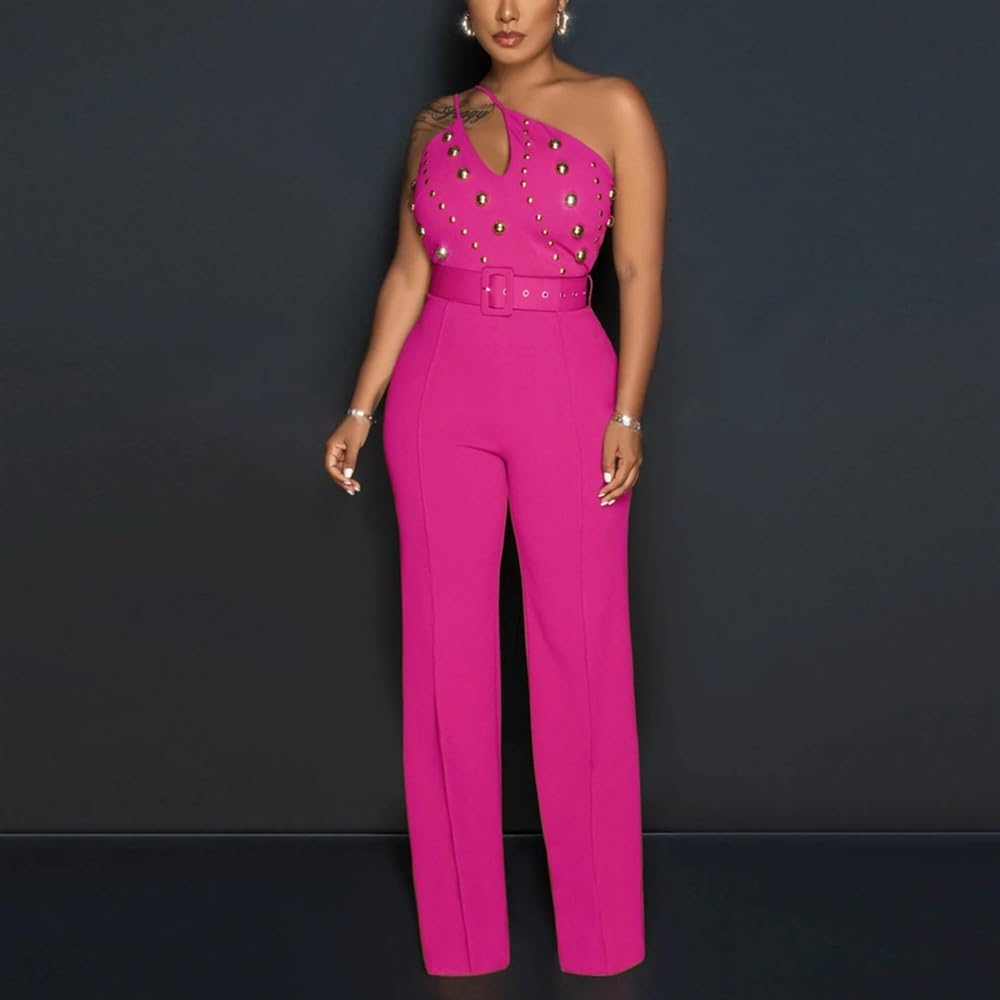 Damskie Seksowne Kombinezony Bez Rękawów Na Jedno Ramię Stylowe Pajacyki Z Paskiem I Pajacykami Z Wysokim Stanem, Szerokie Nogawki, Długie Spodnie Przebrania (Color : Rose red, Size : L)