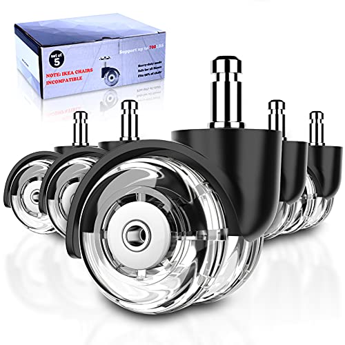 Office Chair Wheels, 2 Inch Universal Caster Wheels for Hardwood Floor and Chair Mats, Heavy Duty Rubber Chair Wheels Replacement for Office & Gaming Chair, Set of 5 Office Chair Casters for Carpet