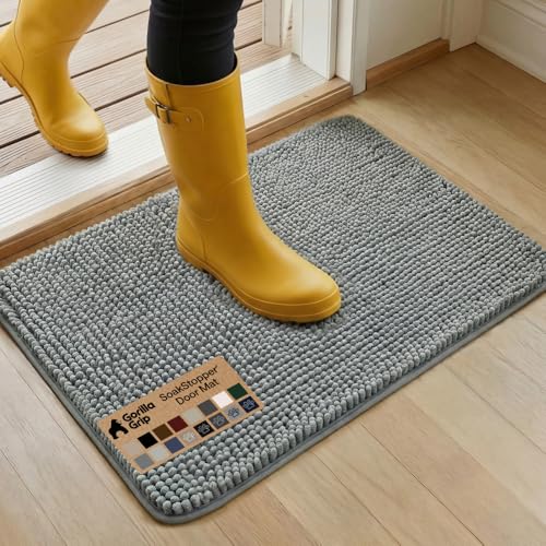 GORILLA GRIP SoakSTOPPER Dog Door Mat, 30x20 Machine Washable Rug Absorbent Doormat Captures Moisture Mud Dirt, Quick Dry Soft Chenille Entryway Rugs Indoor Entrance Mats for Dog Paws, Grey