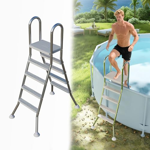 UISEBRT 304 Edelstahl Poolleiter | Pooltreppe mit 4 Stufen | Silber Schwimmbadleiter mit Rutschsicherung | Einstiegsleiter für Pool und Schwimmbecken Höhe bis zu 135 cm | bis 150 kg Belastbar