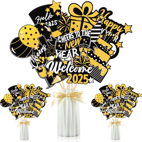 Relaxgiant 24 Pcs Happy New Year Table Decorations 2025 Centerpiece Sticks New Years Eve Toppers for Holiday Theme Party Hello 2025 Supplies