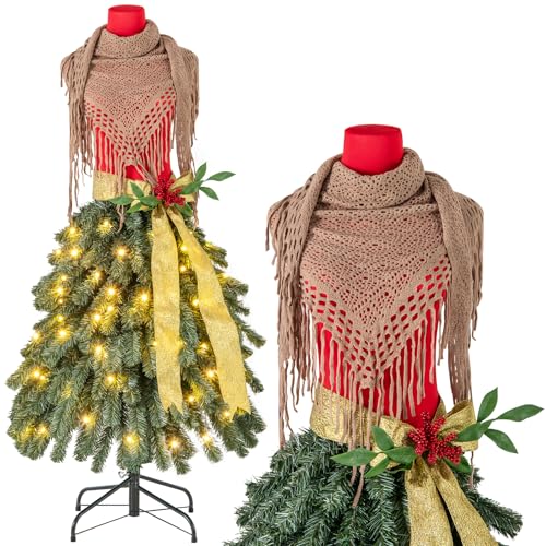 COSTWAY 5FT Pre-lit Mannequin Artificial Christmas Tree, Dress Form Xmas Tree with 248/465 Branch Tips, Holiday Decoration Tree for Home Party (Red+Green, with 100 Lights)