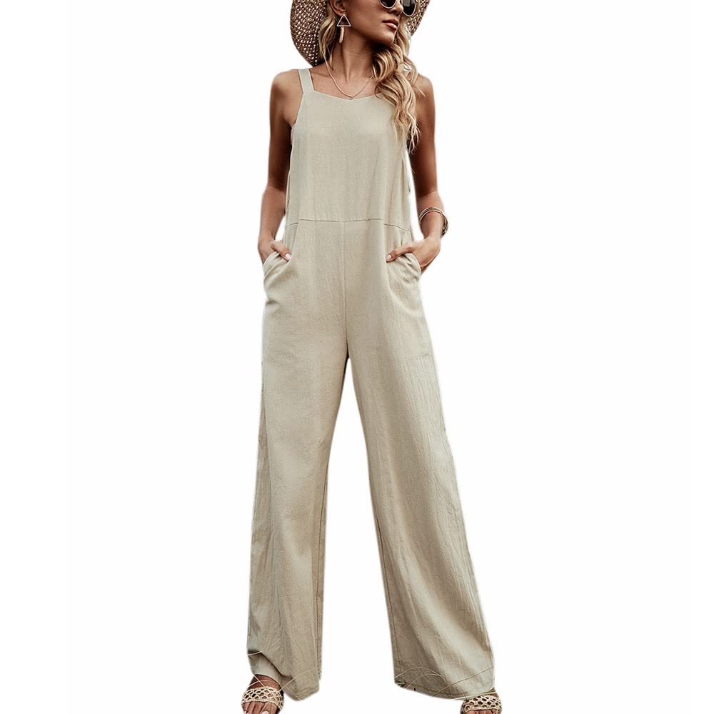 YOXUAWomen's Sleeveless Straps Solid Color Fitted Wide Leg Pants Casual Jumpsuit Cotton Overalls with Pocket