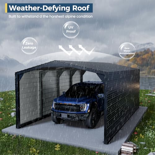 Image of Military-Grade Metal Carport 12x20 FT, Heavy Duty Garage 2-Sided Enclosure | 2x2 inch Steel Poles with Powder Coating, 17-Gauge Walls,100 PSF Snow Load Roof, Hurricane Resistant, Pickup, Truck, Black