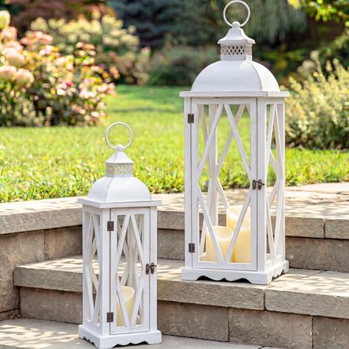 Perfnique Farmhouse Outdoor Lanterns for Patio, Set of 2 White Rustic Lanterns Decor, Vintage Hanging Candle Holder Decorative for Porch, Garden, Yard, Indoor (No Glass)