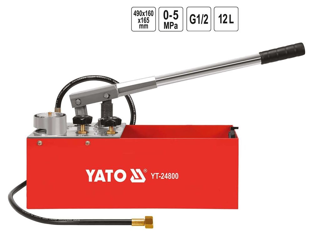 YATO Profi XXL Handpumpe für Drucktest, max. Druck 5 MPa (50 bar), 12 Liter, ideal für Solar Heizung Rohre, Hand Prüfpumpe Druck Prüf Pumpe Befüll PUM, Schwarz