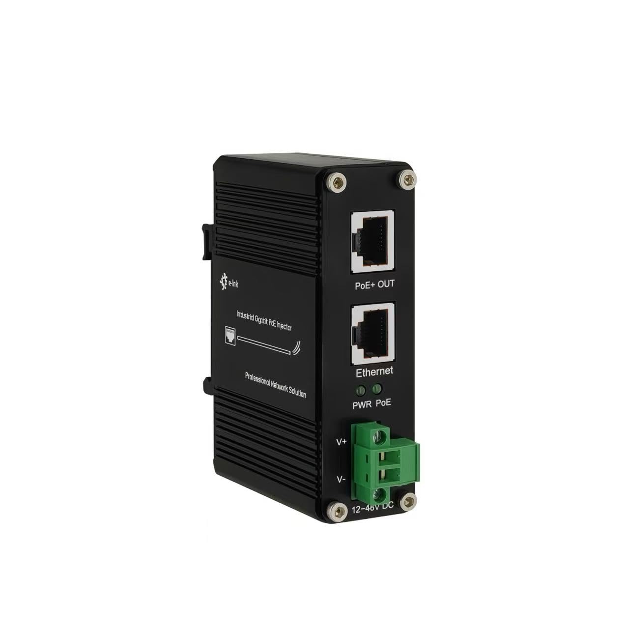 E-link Injecteur industriel Gigabit PoE+ durci 12–48 VDC entrée PoE+ IEEE802.3 à 30 W jusqu'à 100 mètres de sortie DIN-Rail, support mural -40 °C à 80 °C IP40