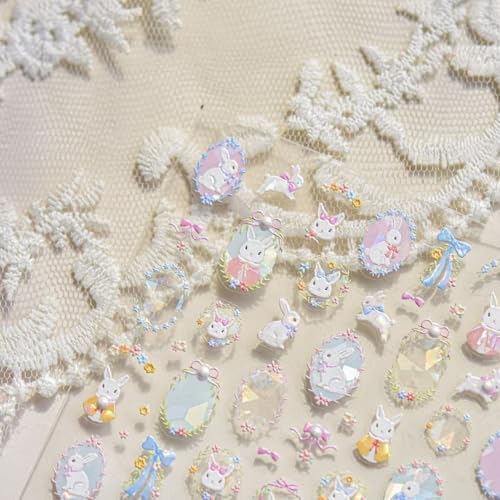 Image of Rabbit Nail Art Sticker Easter Nail Decals Cartoon Nail Stickers for Nails Art Self Adhesive 5D Embossed with Pearl Design Nails Charm for Women DIY Manicure Supplies