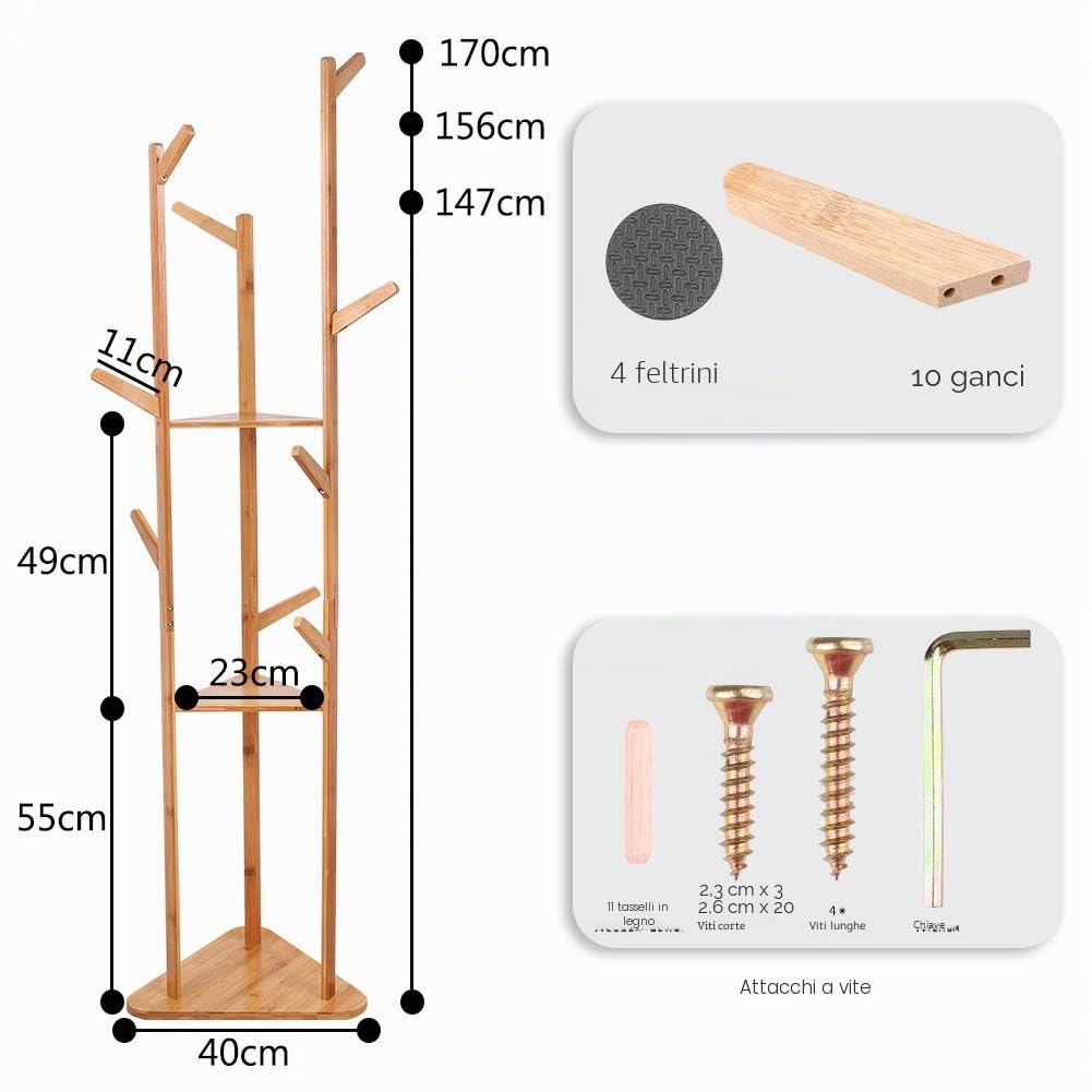 Appendiabiti da Terra ingresso Legno Bambù Attaccapanni Servomuto da camera | Appendiabiti Autoportante Design Moderno Salvaspazio con 3 Ripiani 9 Ganci
