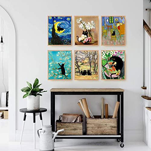 Roslynity Funny Black Cat Wall Art Prints Set Of 6 Canvas Artwork Cat Lover Posters Gift Cute Room Aesthetic Vintage Matisse Van Gogh Fantin For Living Room Bathroom Bedroom Decor (8"X10" Unframed) #TOP4