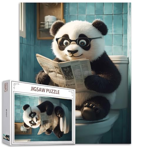 Tucoco Store Puzzle de panda avec journal assis sur un siège de toilettes 1 000 pièces, pour adultes, puzzle de bricolage coloré pour la décoration de la...