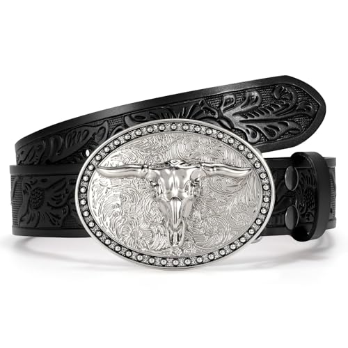 Image of VONMELLI Western Belt for Men Women, Embossed Leather with Bull Buckle