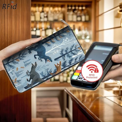 Bxgolkgd Womens Wallet, RFID Blocking Leather Wallet,Large Capacity Wallet Credit Card Holder PU Leather Ladies Clutch with Zipper Coin Pocket - Dinosaur Forest3