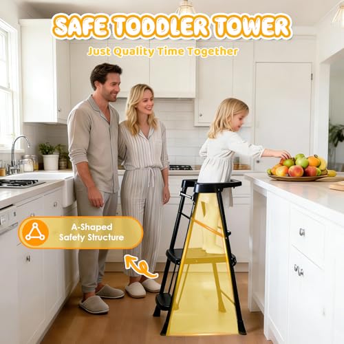 Image of HBTower Kids 2 Steps Step Stool,Toddler Tower for Kitchen Counter Learning,Toddler Kitchen Stool Helper with Anti-Drop Safty Railing Kids Standing Folding Stepper(Black)