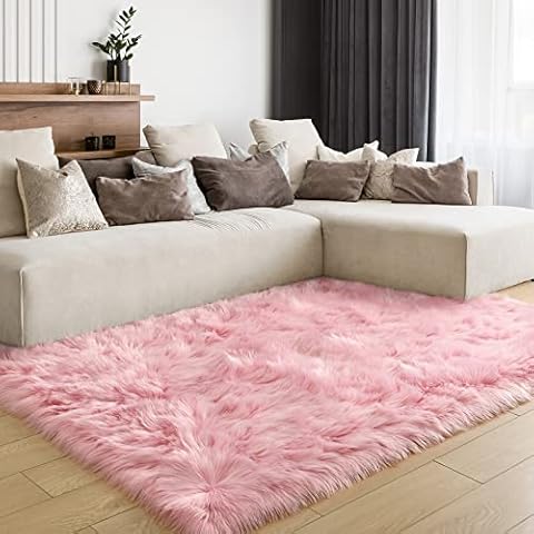LOCHAS Soft Fluffy Faux Fur Rugs for Bedroom Bedside Rug 3x5 Feet, Washable, Furry Sheepskin Area Rug for Living Room Girls Room, Luxury Shag Carpet Home Decor, Pink Cover