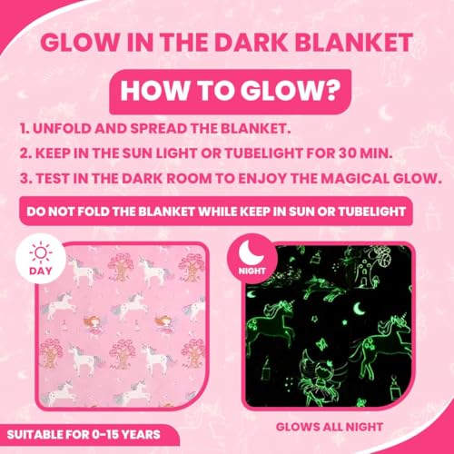 Image of DOCAT Glow Blanket for Kids 0-15 Years, 200x152 cm Double Bed Blanket for Girls Boys, Soft Cozy Flannel Fleece Throw Blankets for Winter, Radium Blanket Ideal Gift for Boys & Girls (Pink Unicorn)
