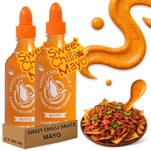 Salsa Sriracha Sweet & Chili, Mezcla entre el dulce y el picante, Condimento con toque Picante, Flying Goose, Con Gluten, Mezcla Sriracha y Mayonesa, Ideal para dipear, salsas y sopas, 2x 455 ml
