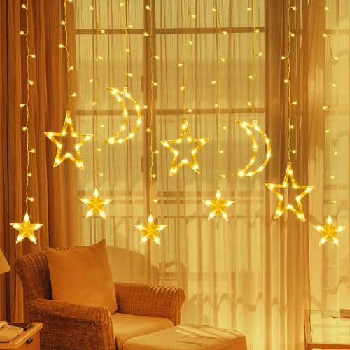 Fussion Star and Moon Ramadan Lights 11.48ft 138 LEDs Ramadan Curtain String Lights Decorations for Home with Remote 8 Modes Battery Operated Fairy Lights Window Lights for Indoor Outdoor Holiday