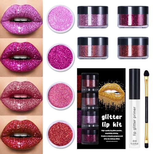 LOKFAR 4 Colors Glitter Lip Kit - Shiny Diamond and Metallic Glitter Lipstick Gloss Pigment Powder Waterproof & Long Lasting Shimmer Lip Makeup Set for Women (Set A Warm Color)