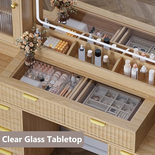 Image of Fluted Makeup Vanity Desk with Mirror and Lights, 55 inch Glass Top Vanity with 8 Drawers & 4 RGB Glass Cabinets, Adjustable Shelves & Power Outlet, Modern Dressing Table Set for Women Girls Bedroom